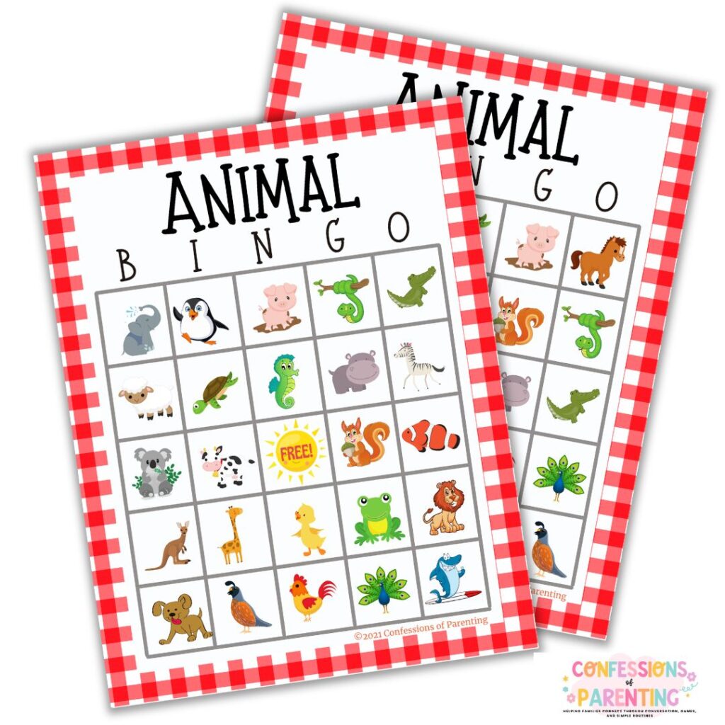 Close-up of printable animal bingo cards with red gingham borders and cartoon animal illustrations including penguins, pigs, frogs, lions, zebras, kangaroos, and peacocks. One square is marked “FREE!” in the center.