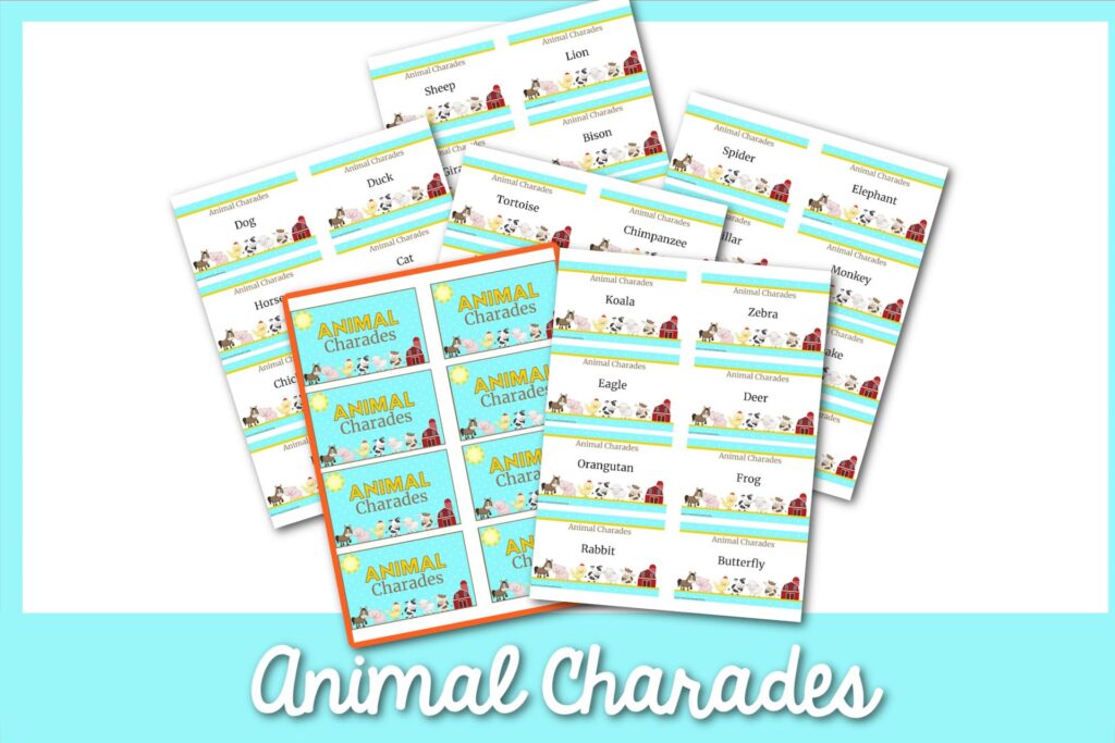 animal charades in white on teal background with sample printables on white background above it 