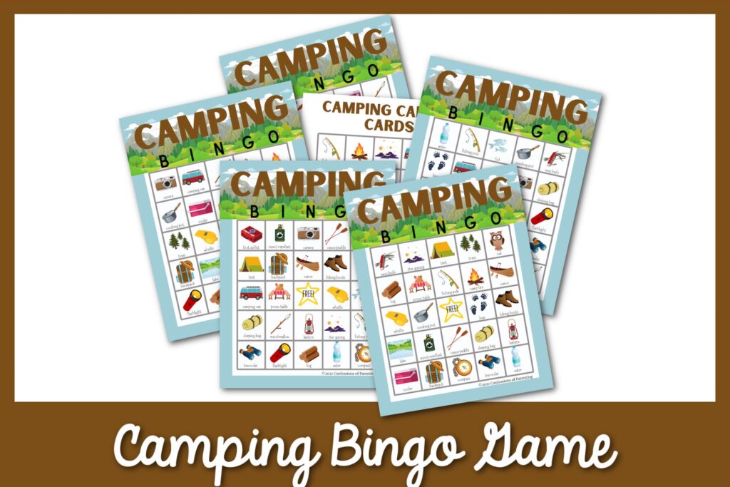 camping bingo game cards with brown background