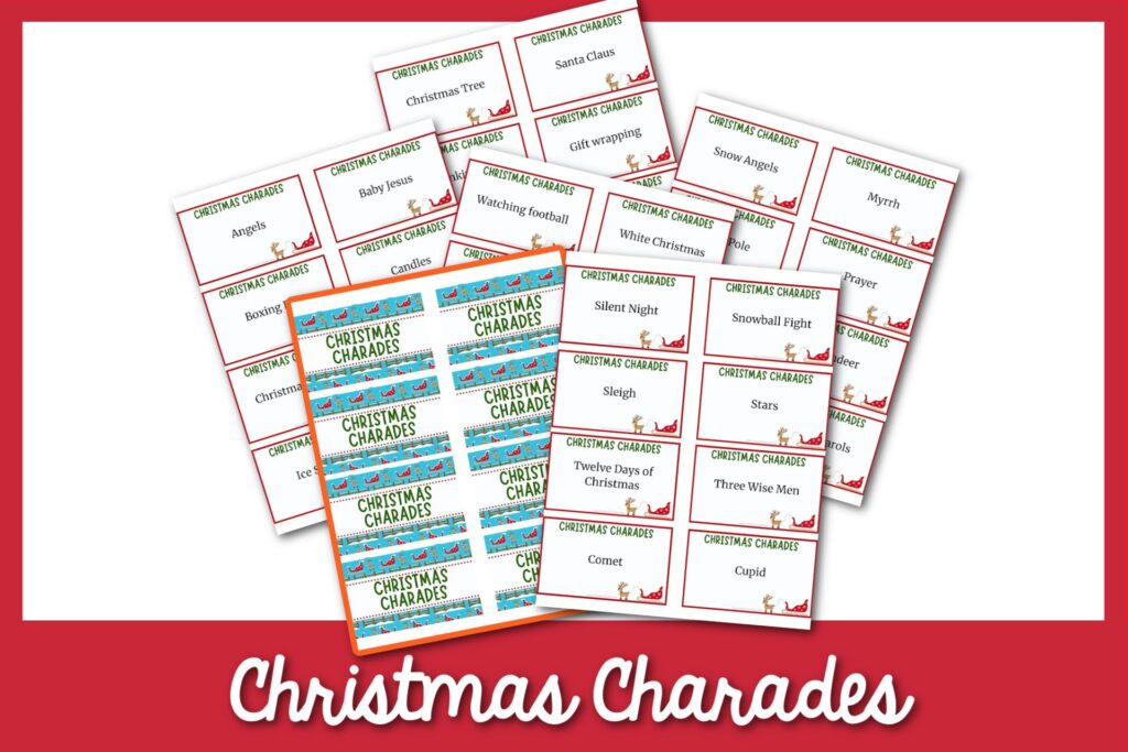 christmas charades title in white on red background with sample printables on white background above it