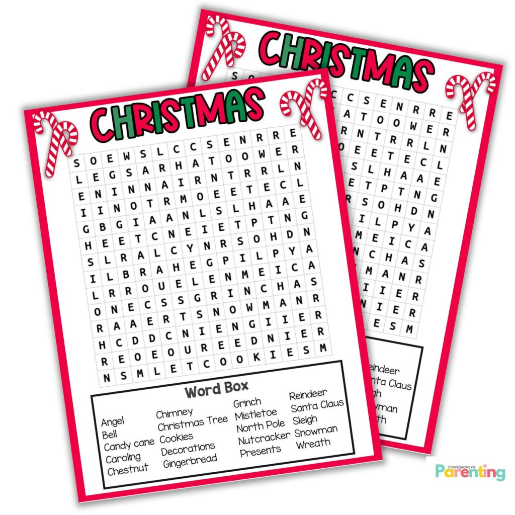 Two printable Christmas Word Search sheets with red borders, candy cane decorations, and a word box of holiday terms like Santa Claus and reindeer.