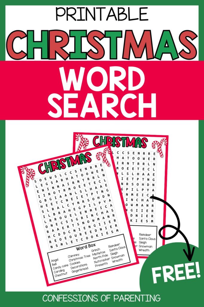 Free printable Christmas Word Search featuring two red-bordered sheets with candy canes and a list of Christmas-themed words.