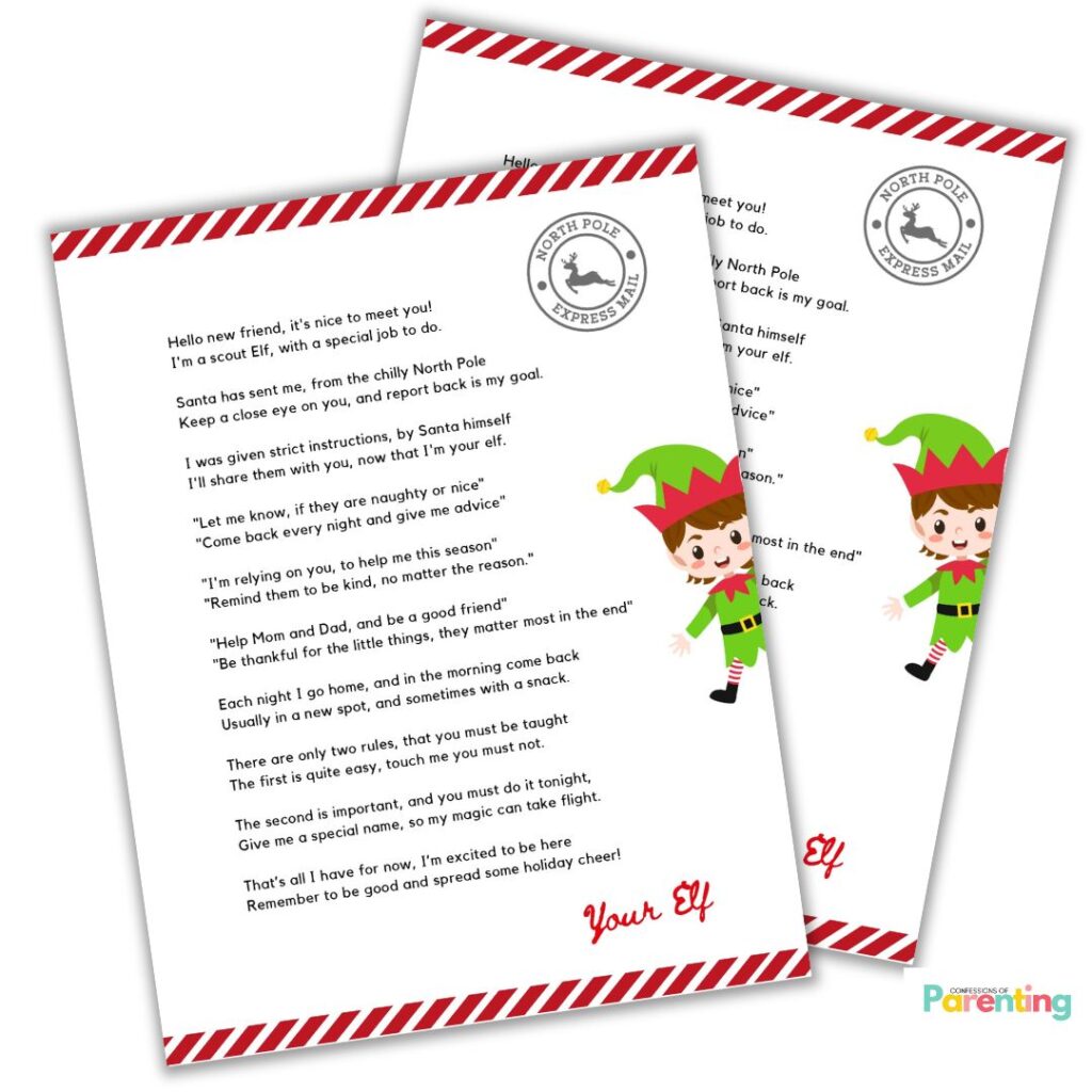 Printable Elf on the Shelf arrival letter with festive border and elf illustration for kids.
