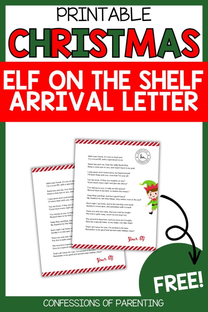 Free printable Elf on the Shelf arrival letter shown with festive design and elf character.