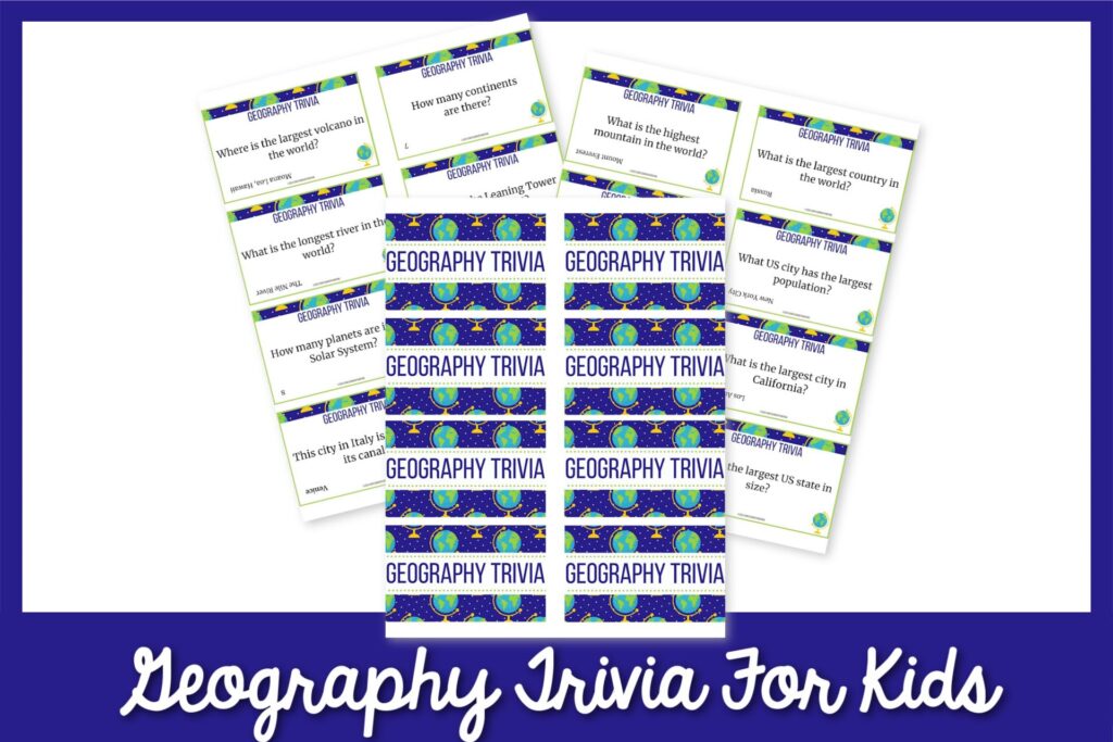 "Geography Trivia for Kids" title on blue background with images of printables above on white background 