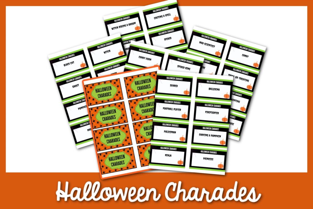 halloween charade title in white on orange background with sample printables on white background above it