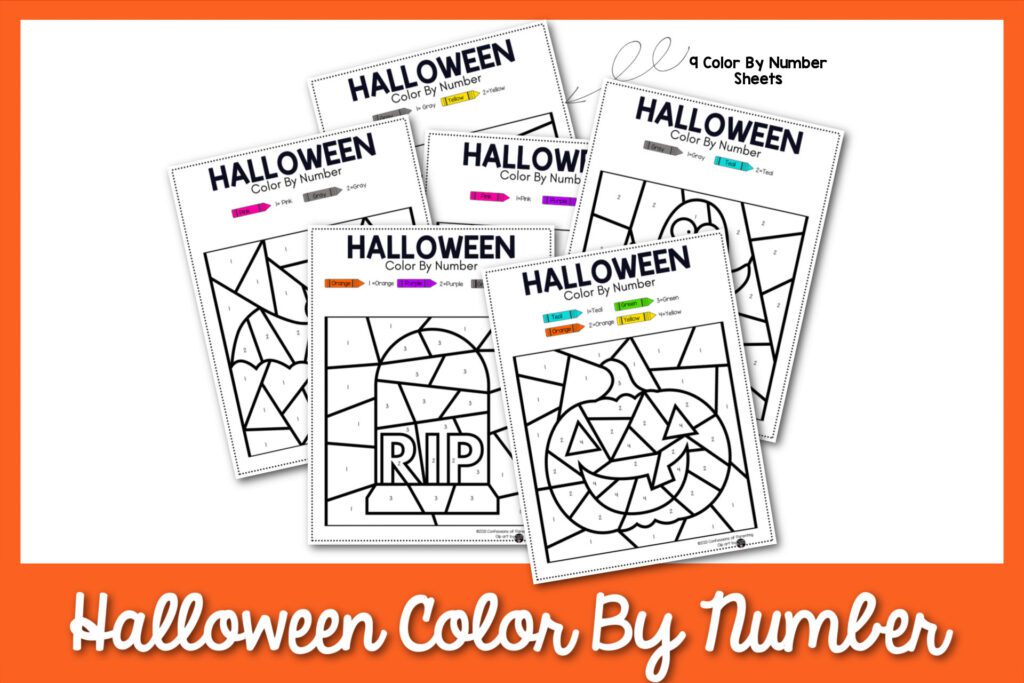 6 Halloween color by number sheets with an orange border