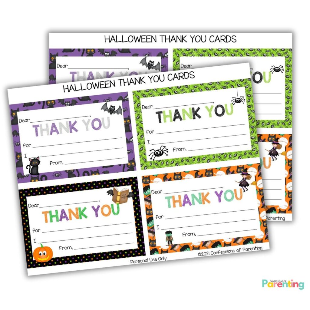 Colorful Halloween thank you cards featuring festive borders and spooky characters.