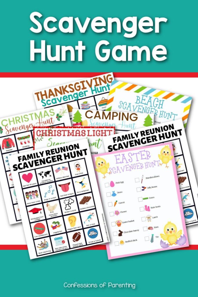 Multiple examples of the different themed scavenger hunt printables. 