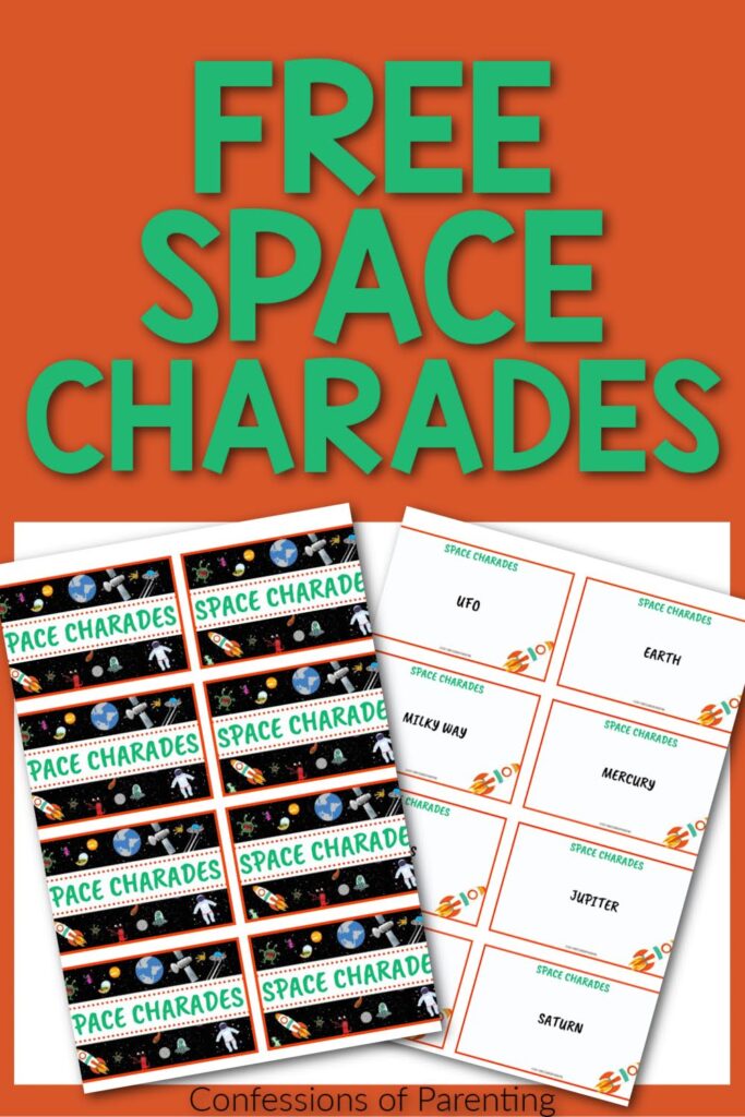 free space charades sample printables on white and orange background 