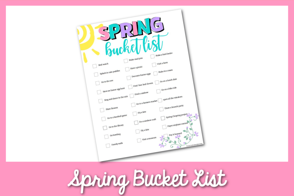 Feature image for the printable spring bucket list with a pink border. 