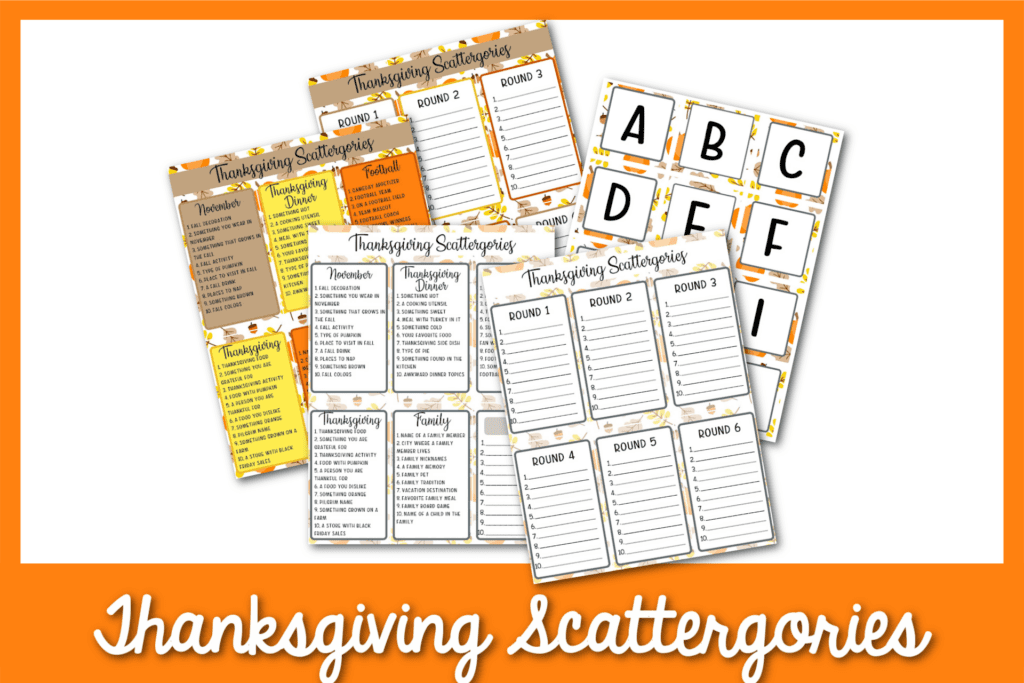 Thanksgiving scattergories PDF with 5 rounds with orange border