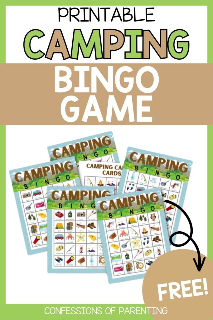 Pinterest-style graphic promoting a free printable camping bingo game with colorful bingo cards and outdoor-themed illustrations.