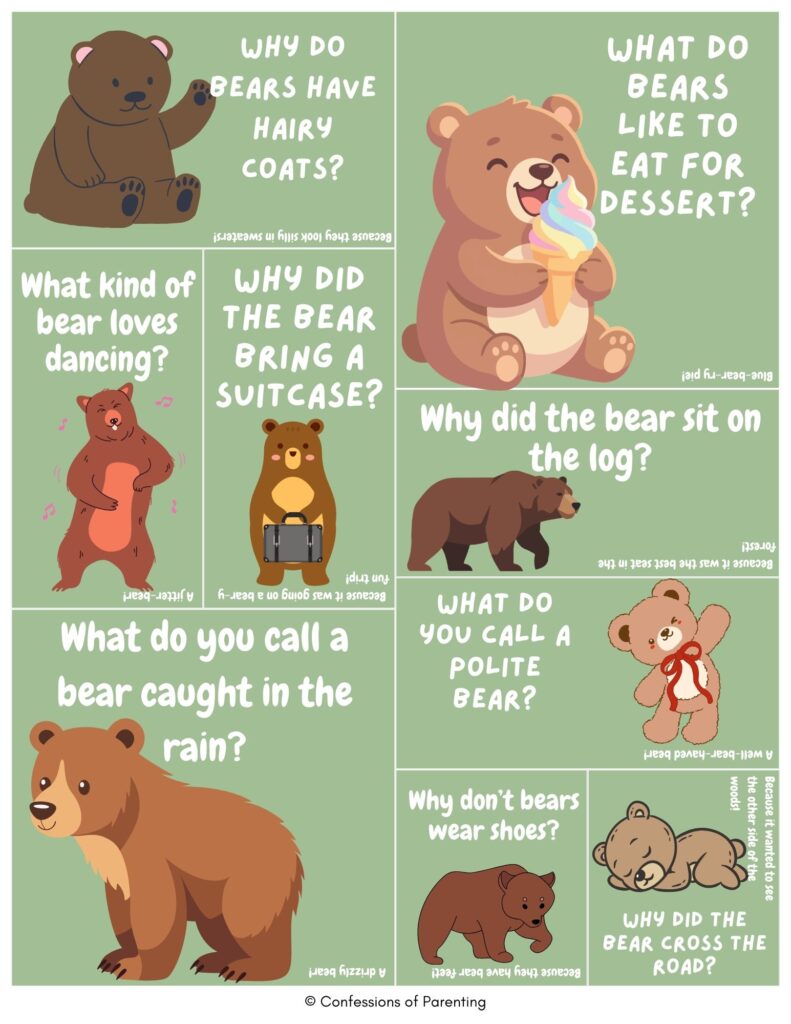 Bear-themed joke cards for kids on a green background featuring cute cartoon bears dancing, eating ice cream, holding a suitcase, and telling funny jokes