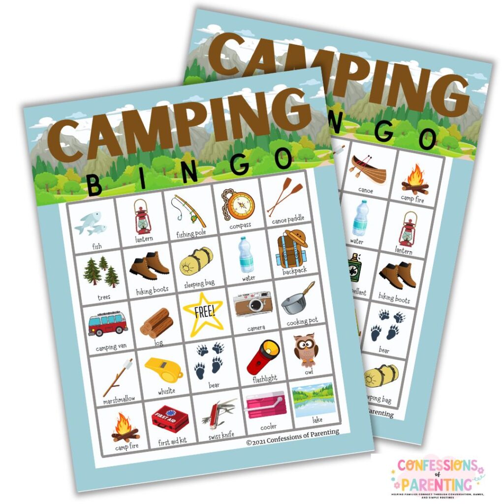 Printable camping bingo cards with illustrated outdoor icons including lanterns, tents, bears, campfires, and fishing gear.