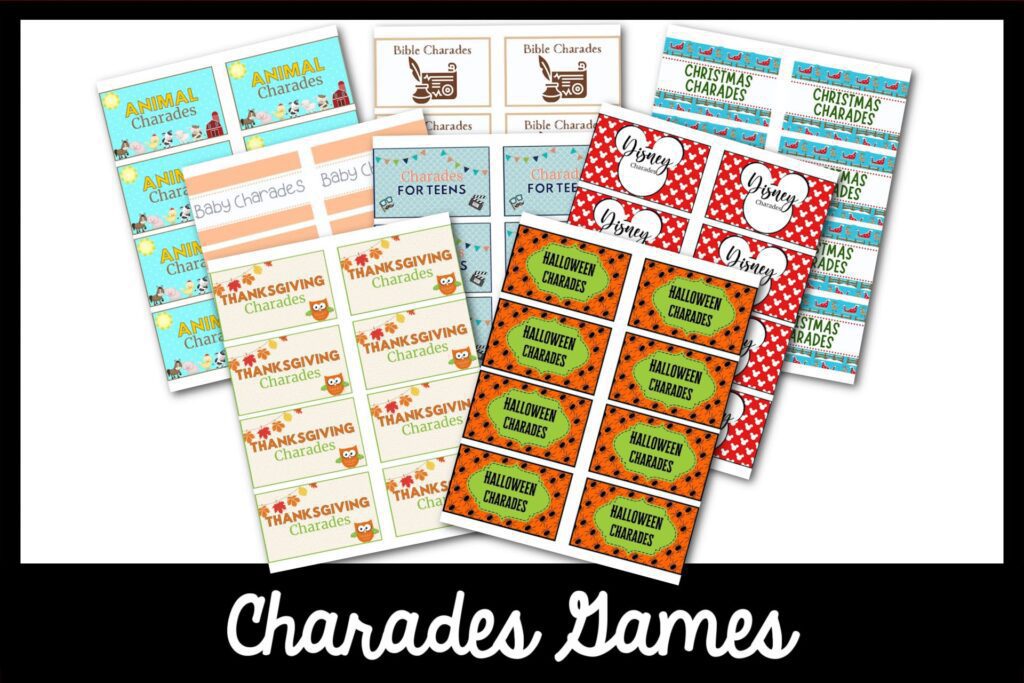 Feature: Charades printable covers over charades games with black border. 