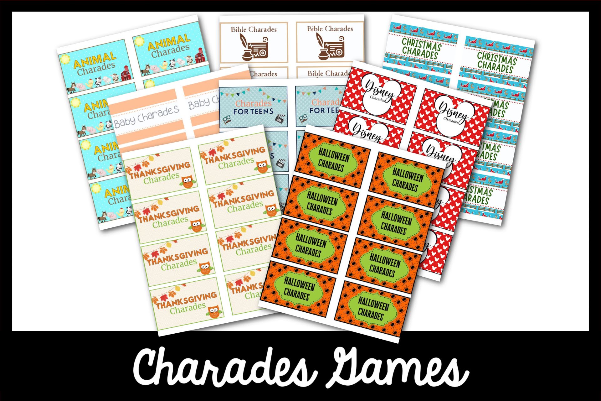 Feature: Charades printable covers over charades games with black border.