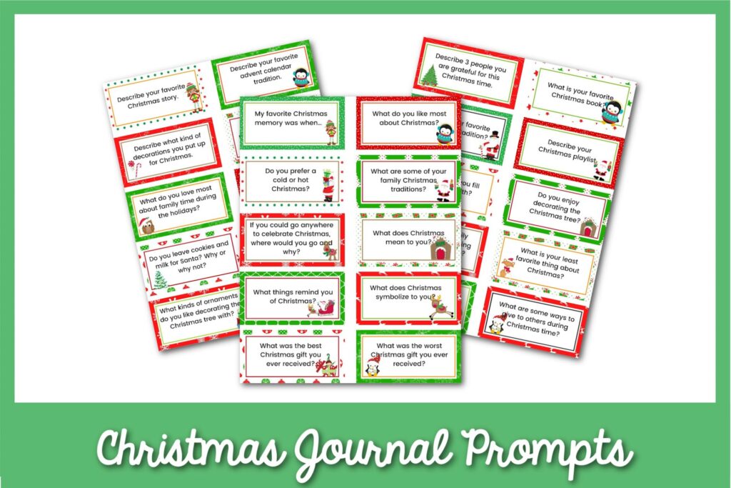 3 sheets of Christmas writing prompt cards with a green border