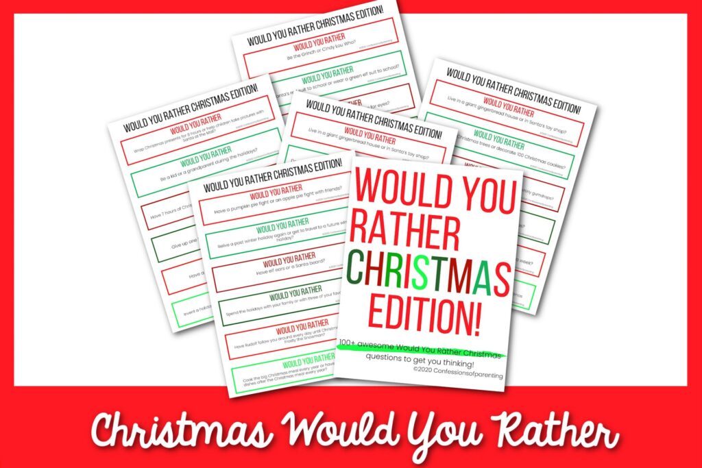 Examples of the Christmas Would You Rather printables with a red border.