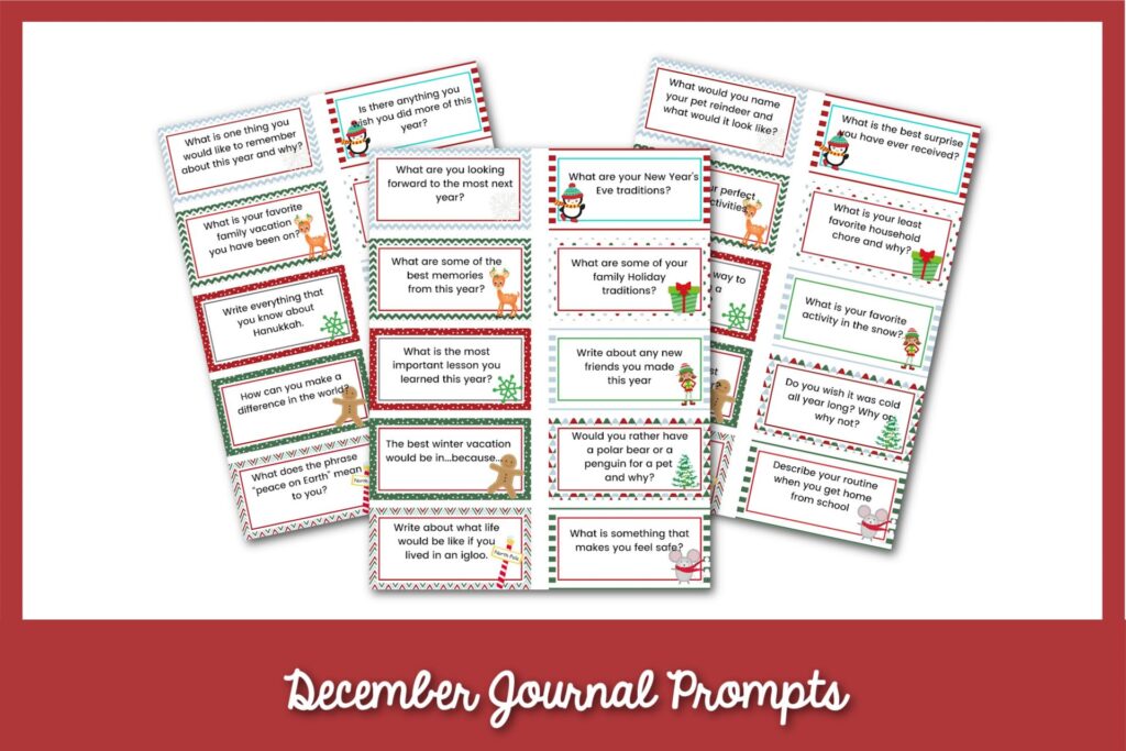 3 sheets of December writing prompt cards with a red border