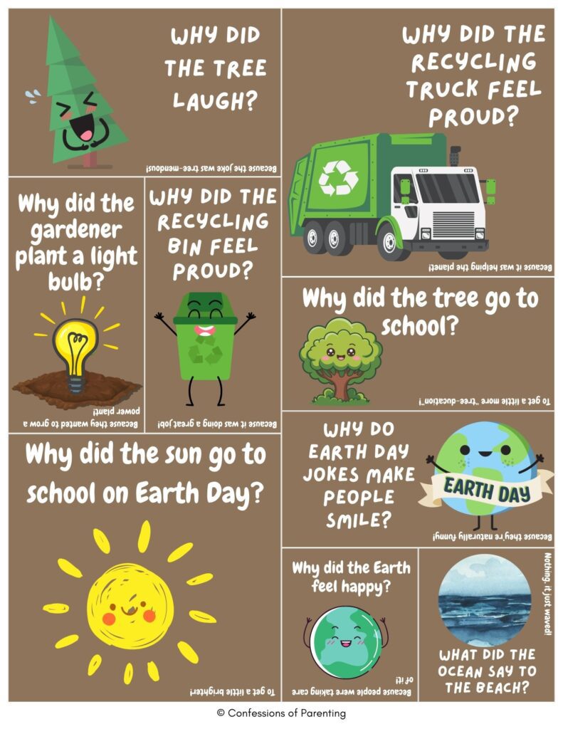 Earth Day joke cards with cartoons of trees, recycling trucks, the sun, and the Earth featuring kid-friendly recycling and nature jokes.