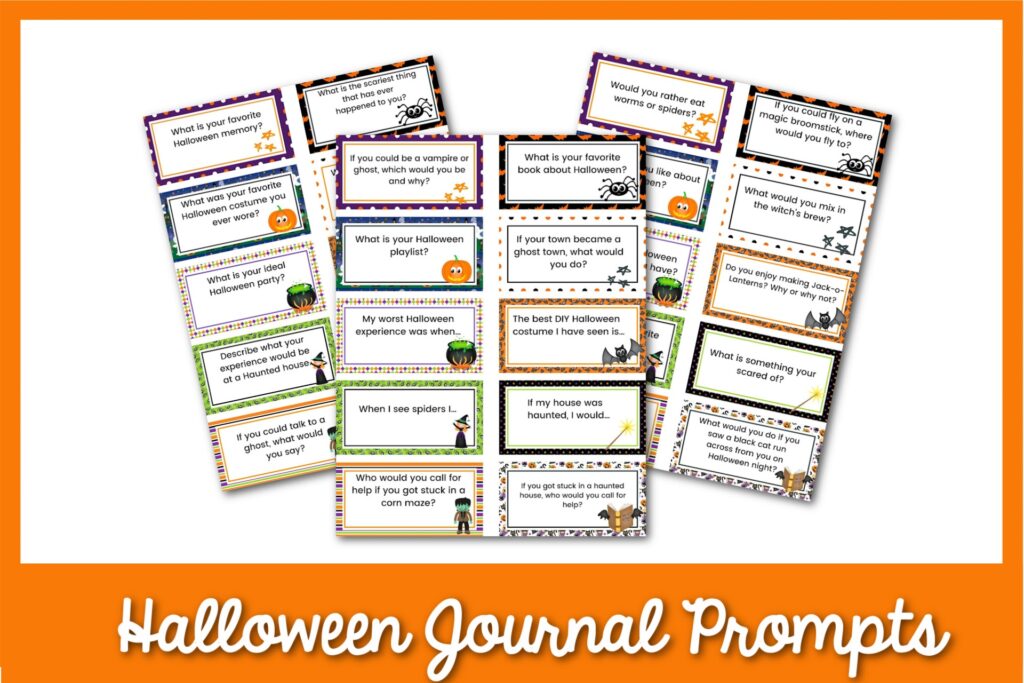 3 sheets of Halloween writing prompt cards with an orange background