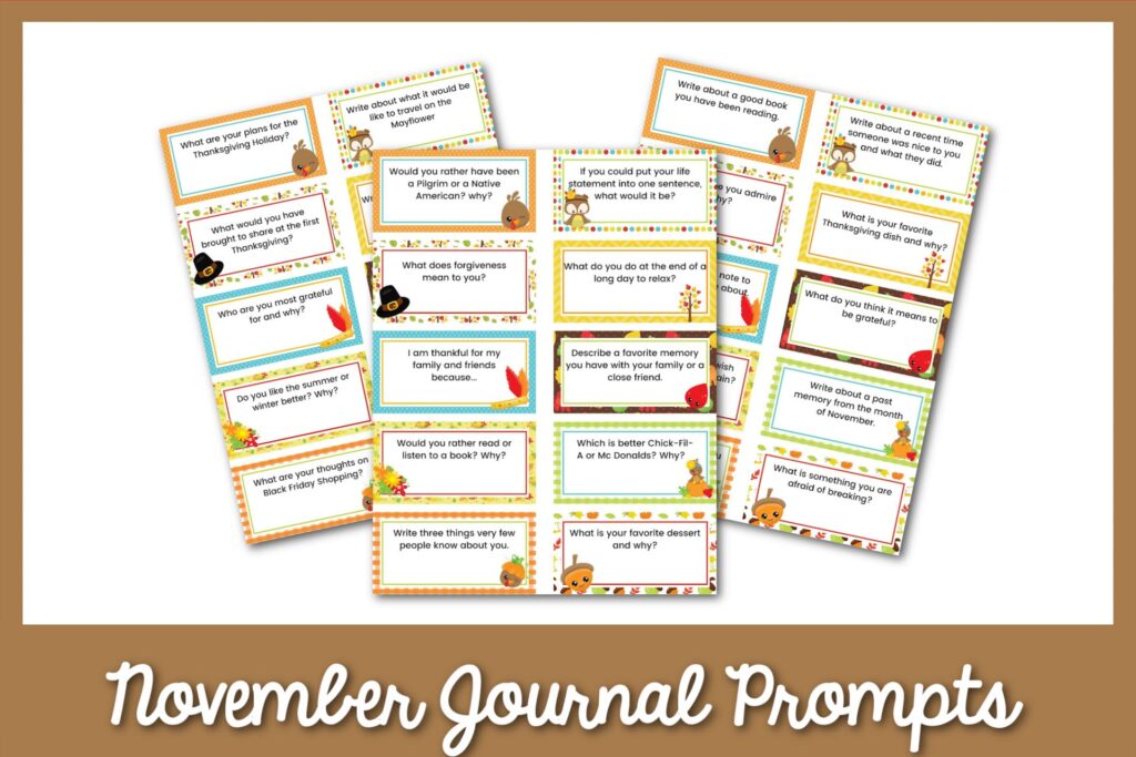3 sheets of November writing prompt cards with a brown border