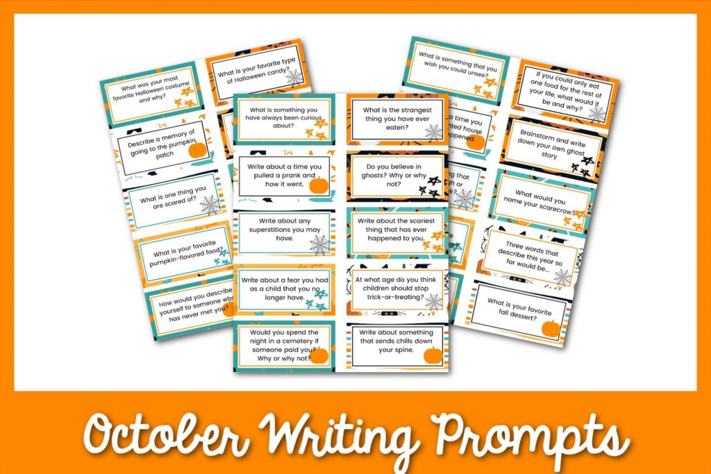 3 sheets of October writing prompt cards with an orange background