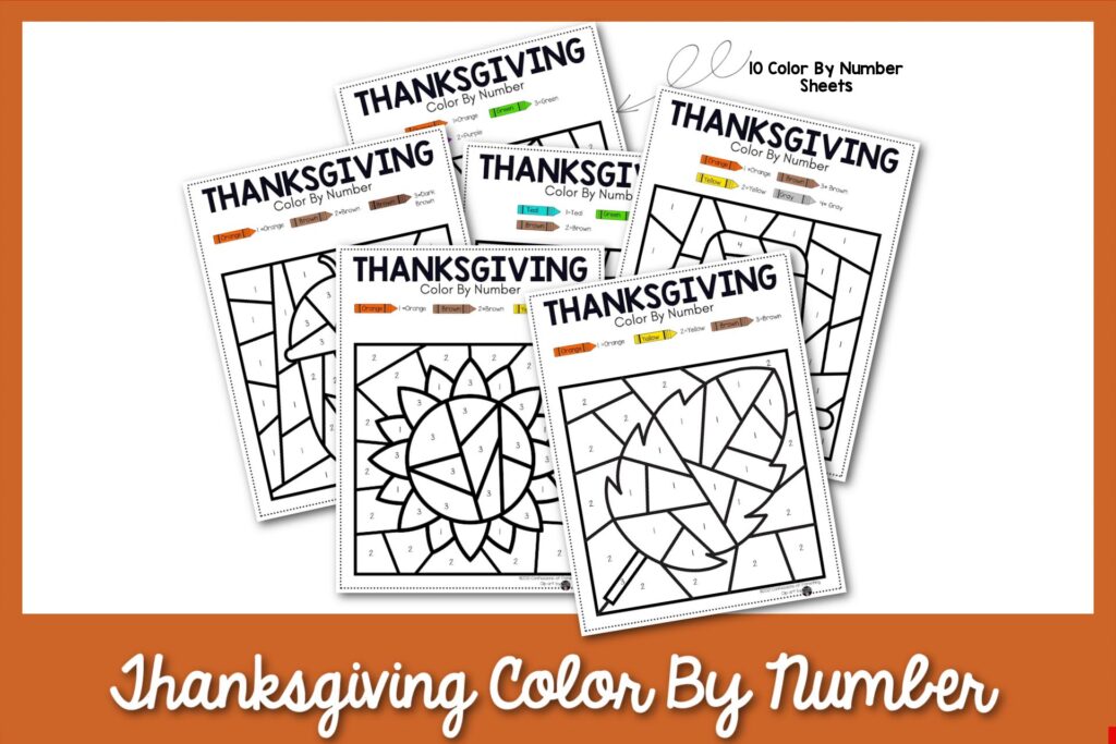 6 Thanksgiving color by number sheets with brown border