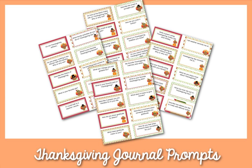 4 sheets of Thanksgiving writing prompt cards with an orange border