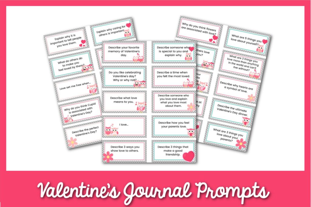 3 sheets of Valentine's writing prompt cards with a pink border