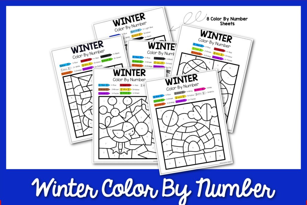 6 Winter color by number sheets with blue border
