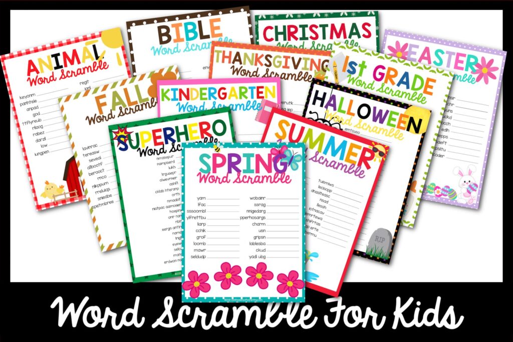 Multiple word scrambles for kids printables with black border