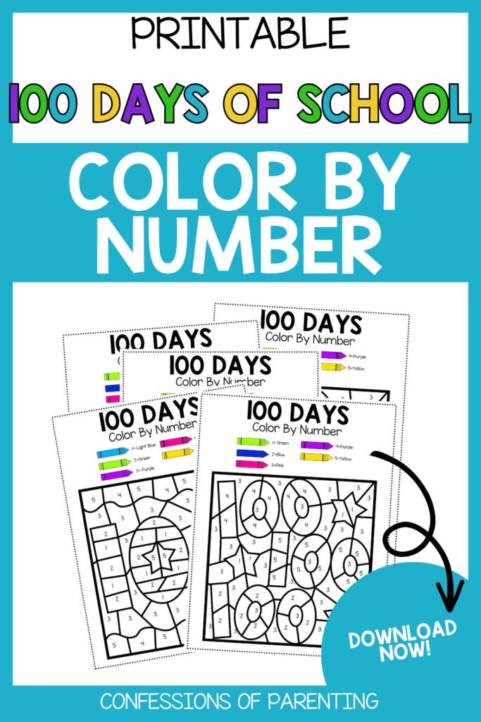 Pinterest Pin: blue border with 100 Days of School Color by Number PDF mockup with 100 Days of School Color by Number printable