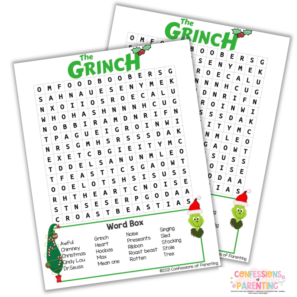 Close-up of a printable Grinch word search puzzle with Christmas vocabulary, festive graphics, and a holiday-themed word box.