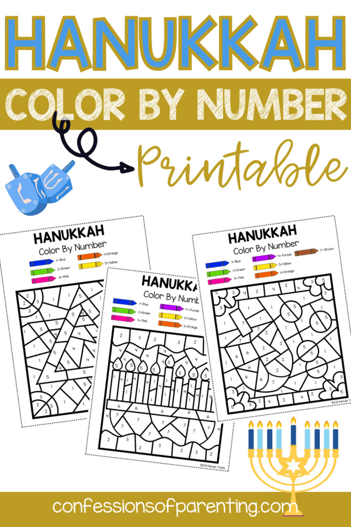 3 Hanukkah color by number sheets with 2 blue dreidels and gold and blue writing