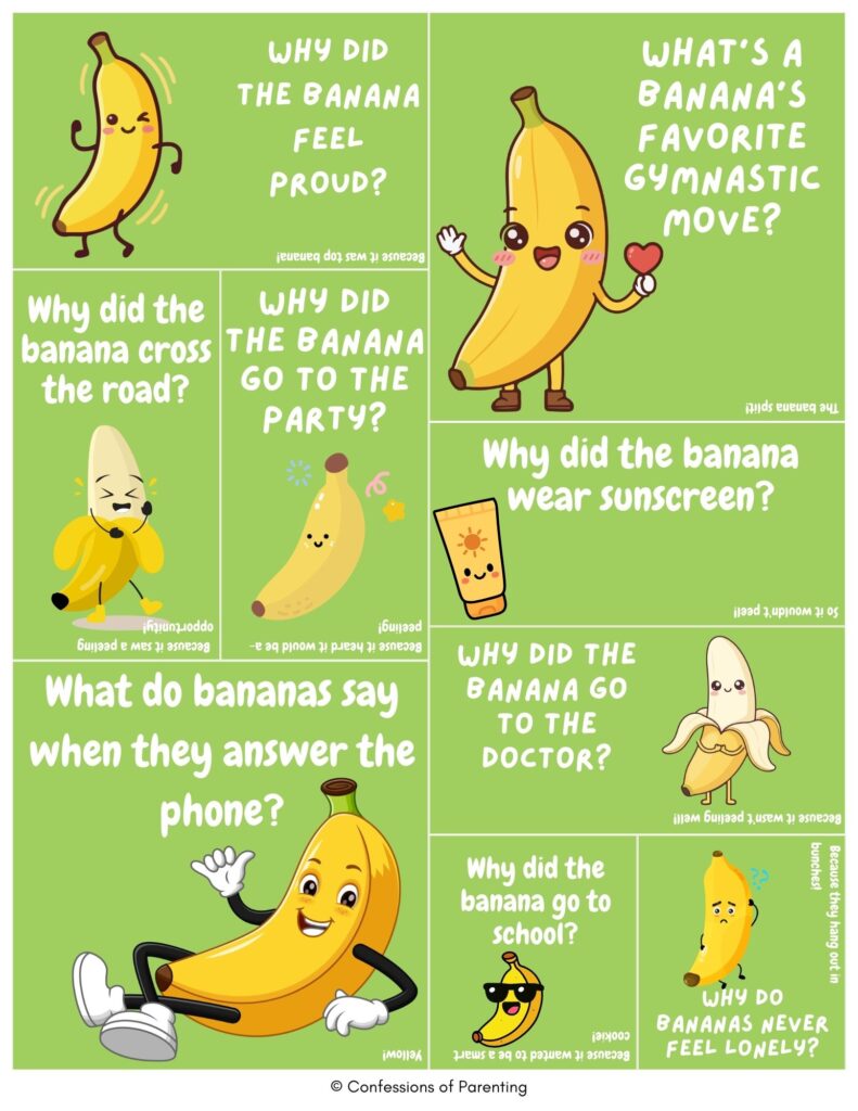 Banana-themed joke cards for kids on a green background featuring cute cartoon bananas and funny riddles about bananas, sunscreen, school, the doctor, and answering the phone. 🍌😄