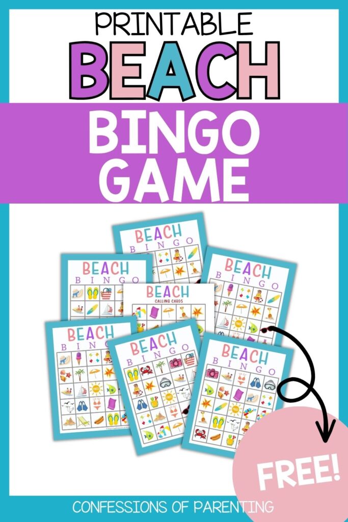 Free printable beach bingo game set featuring multiple bingo cards and calling cards with fun beach-themed illustrations.