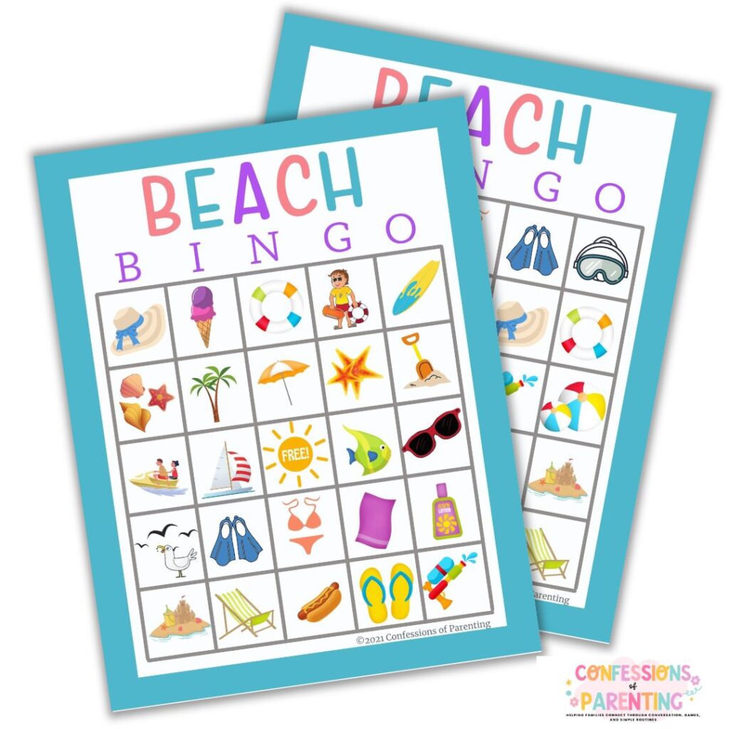 Printable beach bingo game cards with colorful summer icons including flip flops, surfboards, seashells, and sunscreen.
