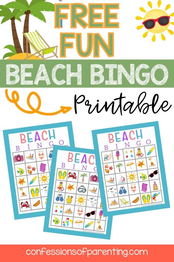 pin image: beach bingo cards with a sun, trees and beach chair
