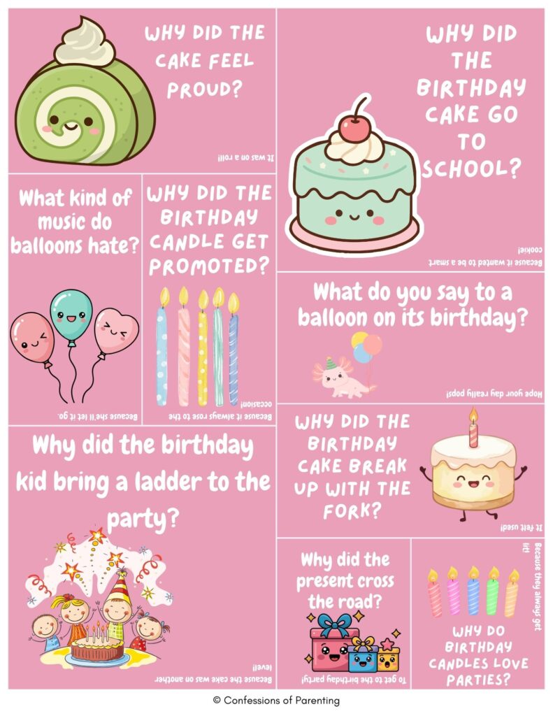 Birthday-themed joke cards with cute illustrations of cakes, balloons, candles, presents, and kids celebrating, featuring fun kid-friendly birthday riddles on a pink background.