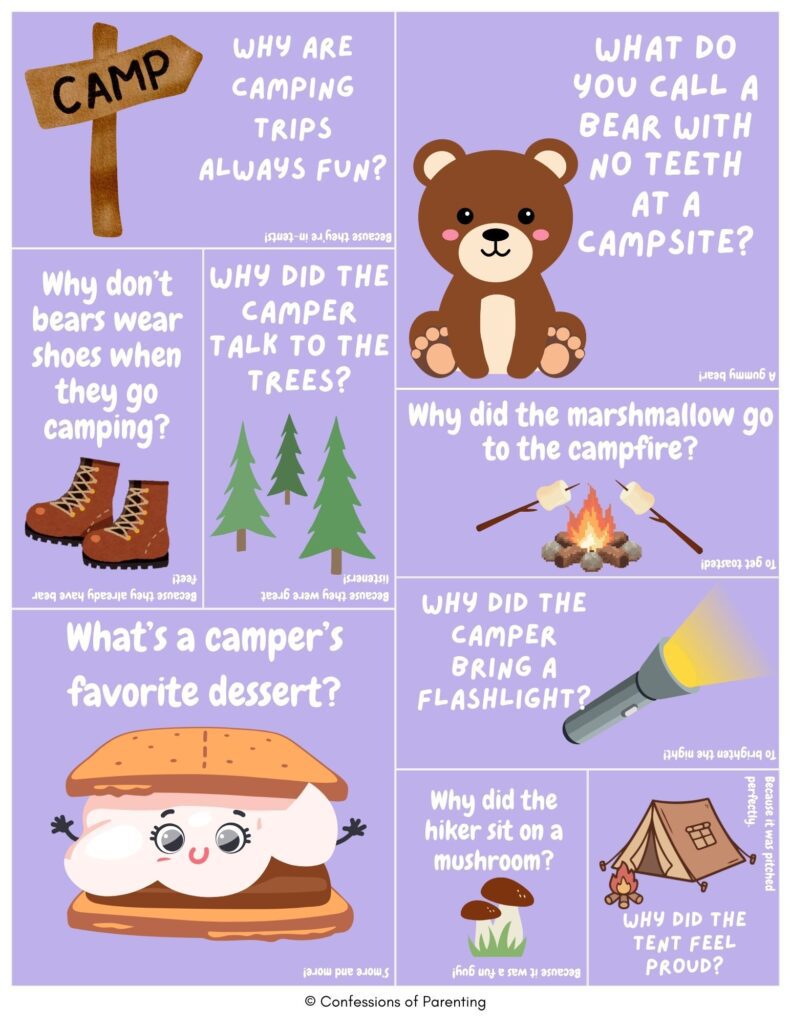 Camping-themed joke cards for kids on a purple background with cute illustrations of a bear, campfire, tent, boots, flashlight, and s’more, featuring funny camping riddles.
