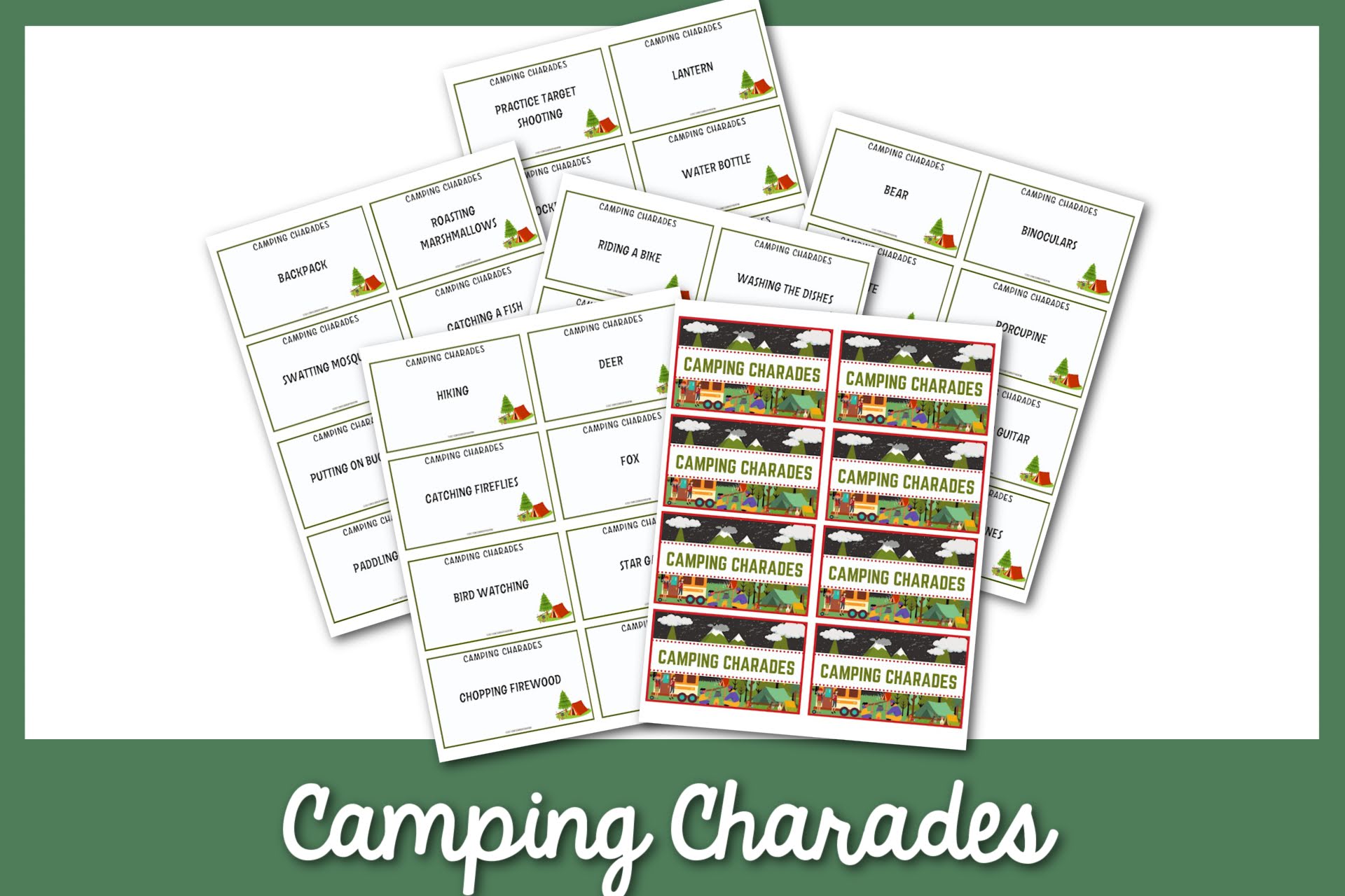 feature image: Camping Charades on a green border