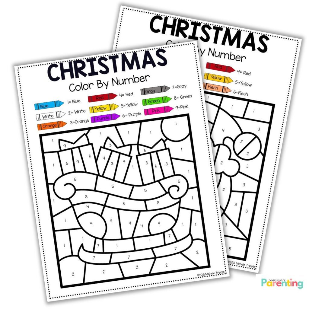 Two printable Christmas Color by Number sheets featuring holiday designs like Santa’s sleigh and color key crayons at the top.