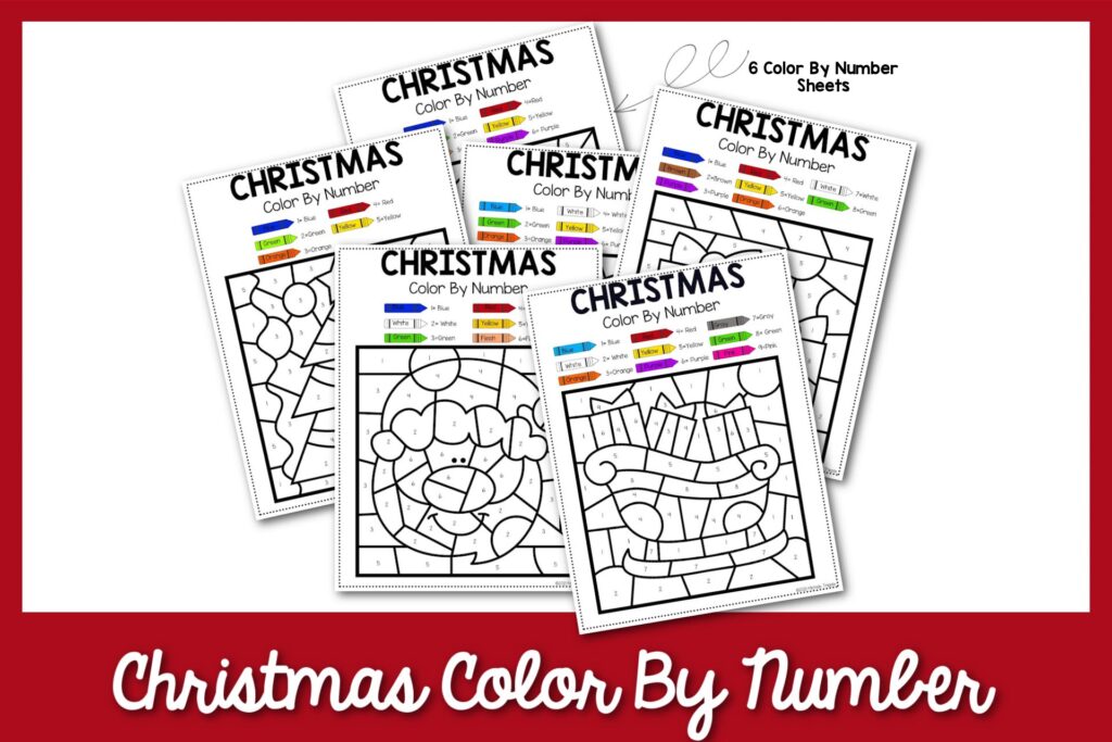 6 Christmas Color by number worksheets with a red border