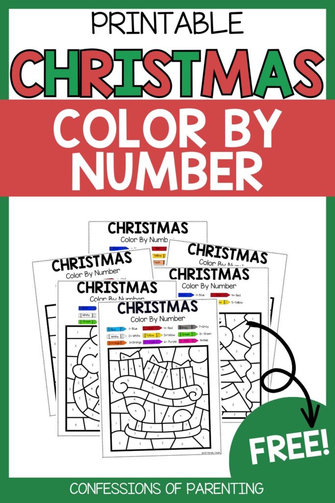 Printable Christmas Color by Number pages with festive holiday designs and crayons showing color keys, labeled “Free!” from Confessions of Parenting.