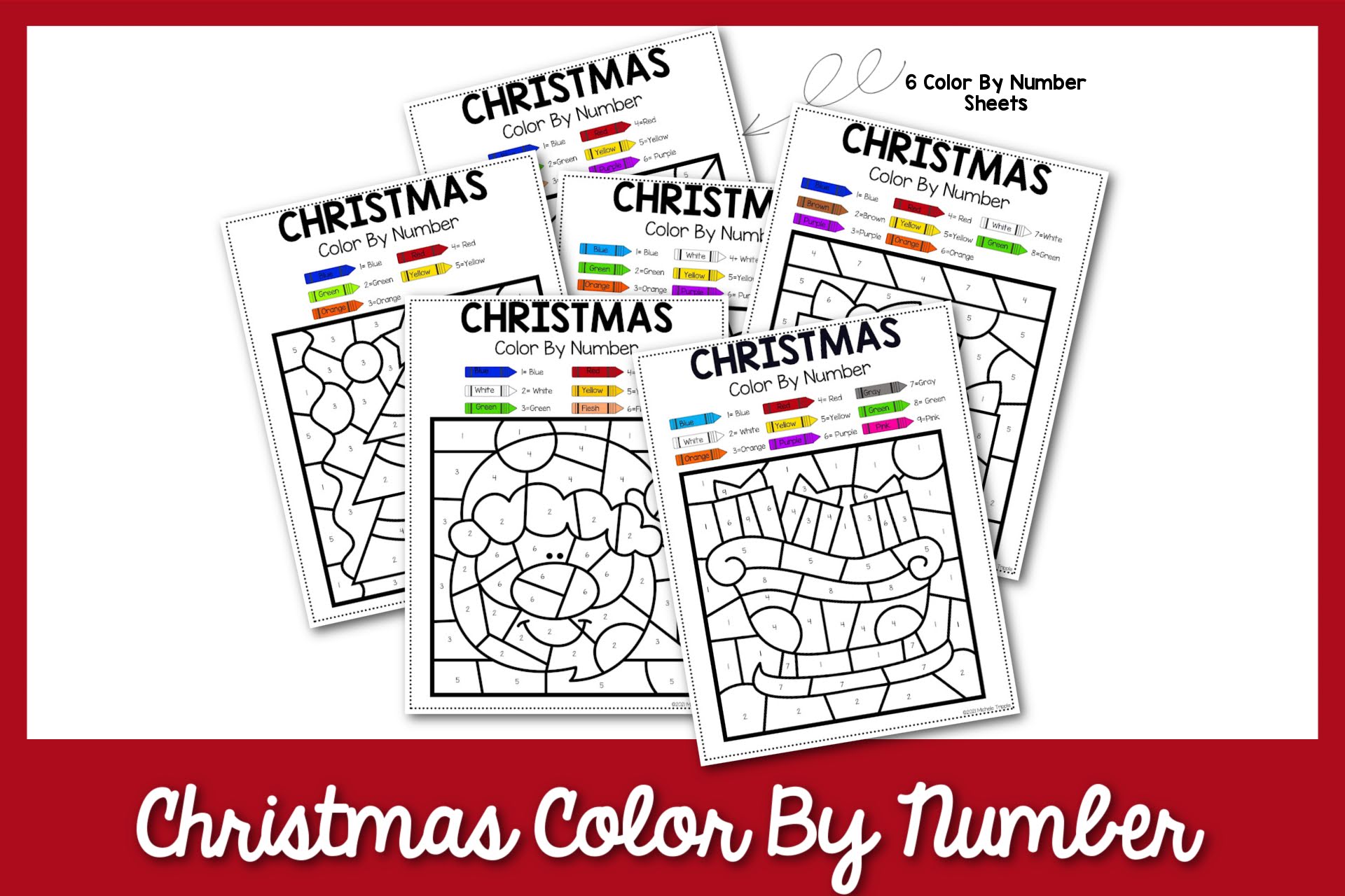 Feature: Christmas color by number worksheets with red border