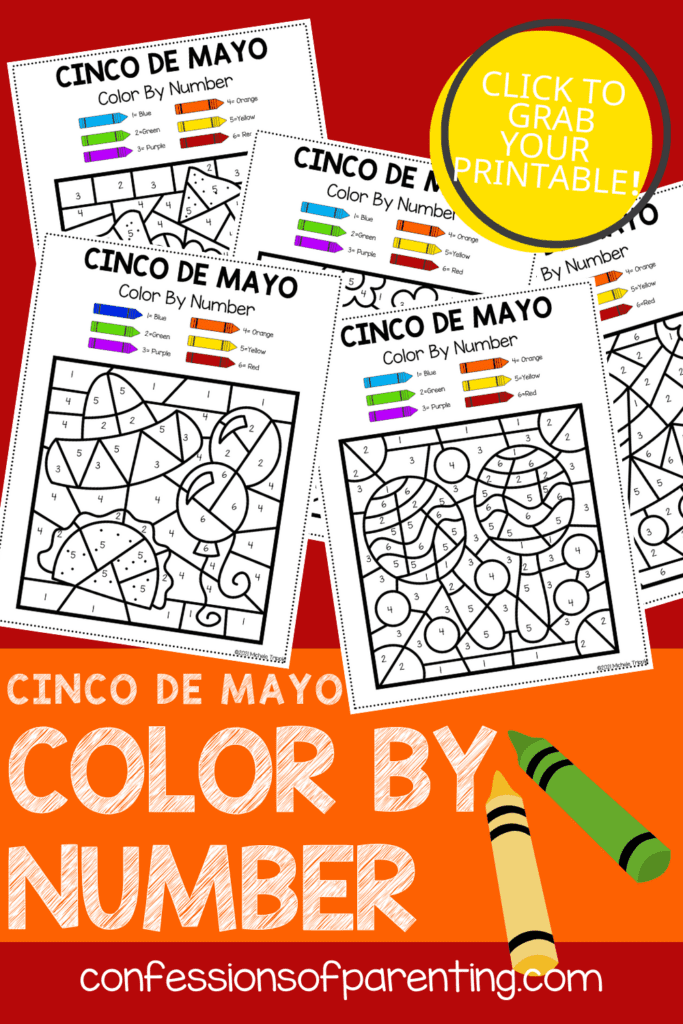 5 cinco de mayo color by number sheets on a red and orange background