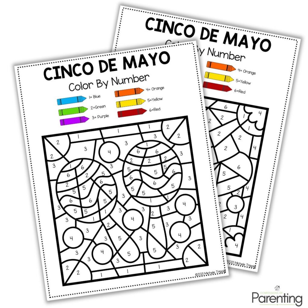 Two overlapping Cinco de Mayo color-by-number worksheets with numbered mosaic designs and a crayon color key (1–6 for colors).