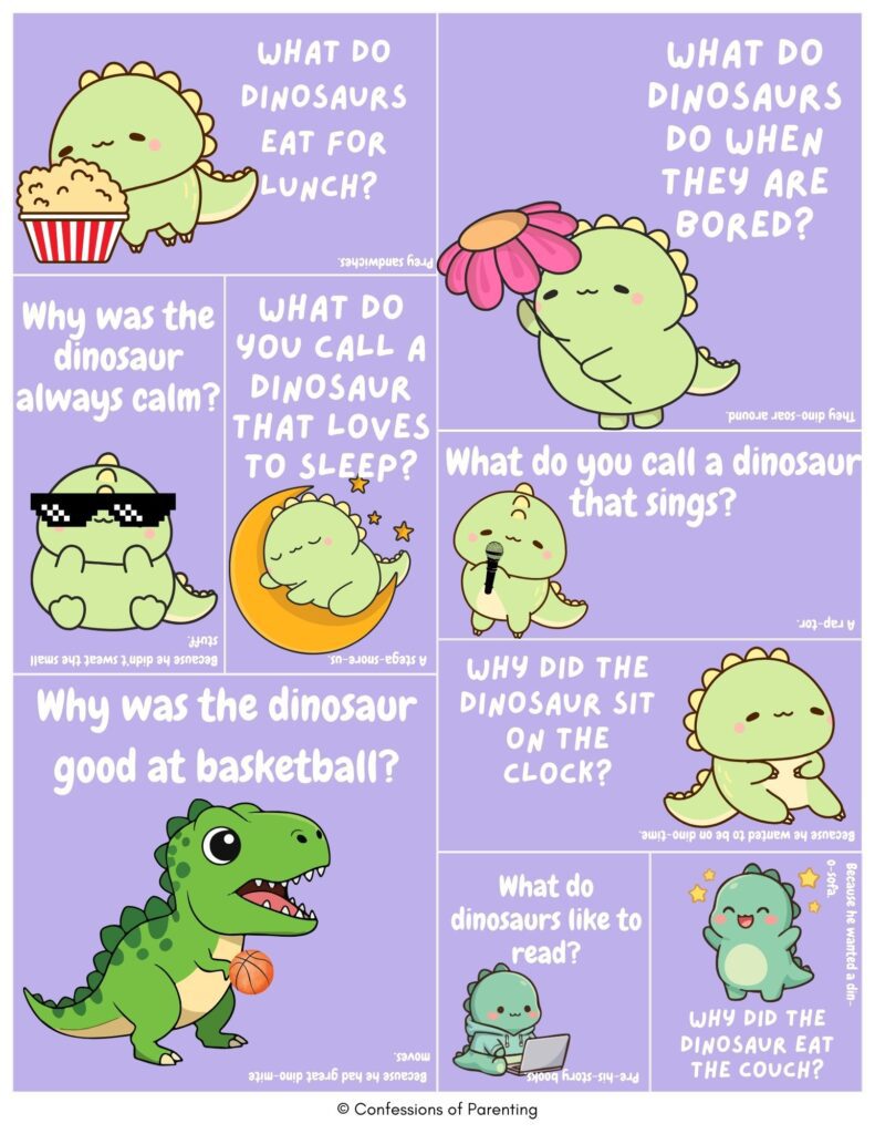 Purple collage of cute cartoon dinosaurs with funny dinosaur jokes for kids about lunch, singing, sleeping, and silly dino puns.